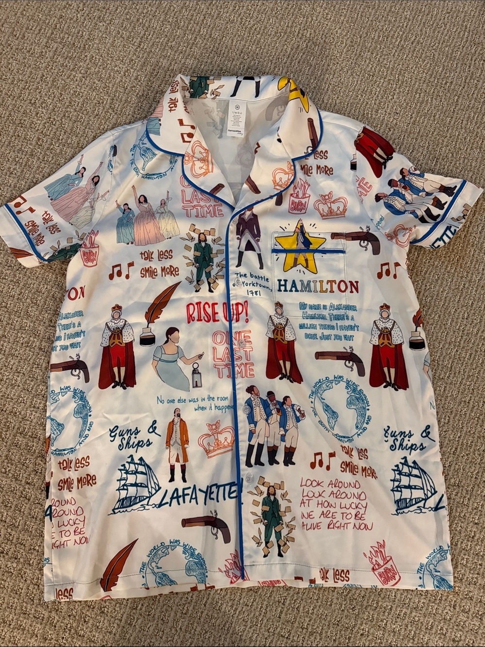 Women’s NEW Hamilton The Musical silky short sleeve pajama button up top sz M